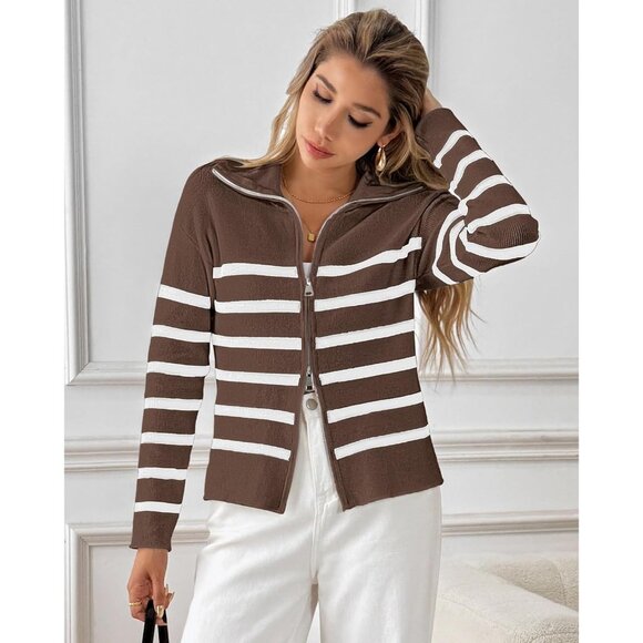 Bsubseach Womens Striped Brown Cropped Cardigan Lightweight Fall Zip Up Sweater - Picture 4 of 6